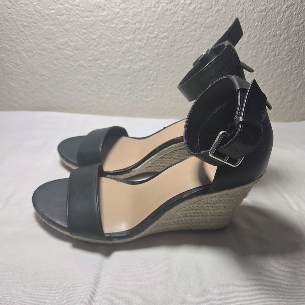 A New Day Black Espadrille Wedge Sandals Ankle Strap Jute Heel Women 8.5